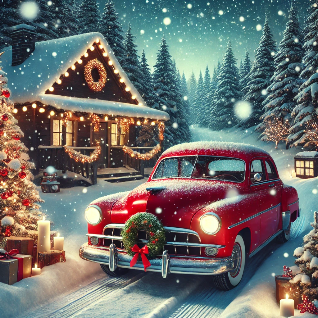 Rotes Auto in Winter bei weihnachtlicher Atmosphäre