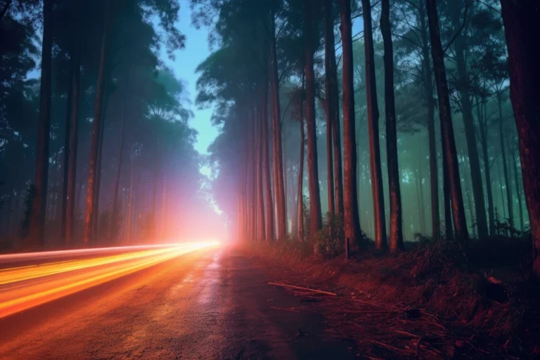 Licht vorbeifahrender Autos im Wald